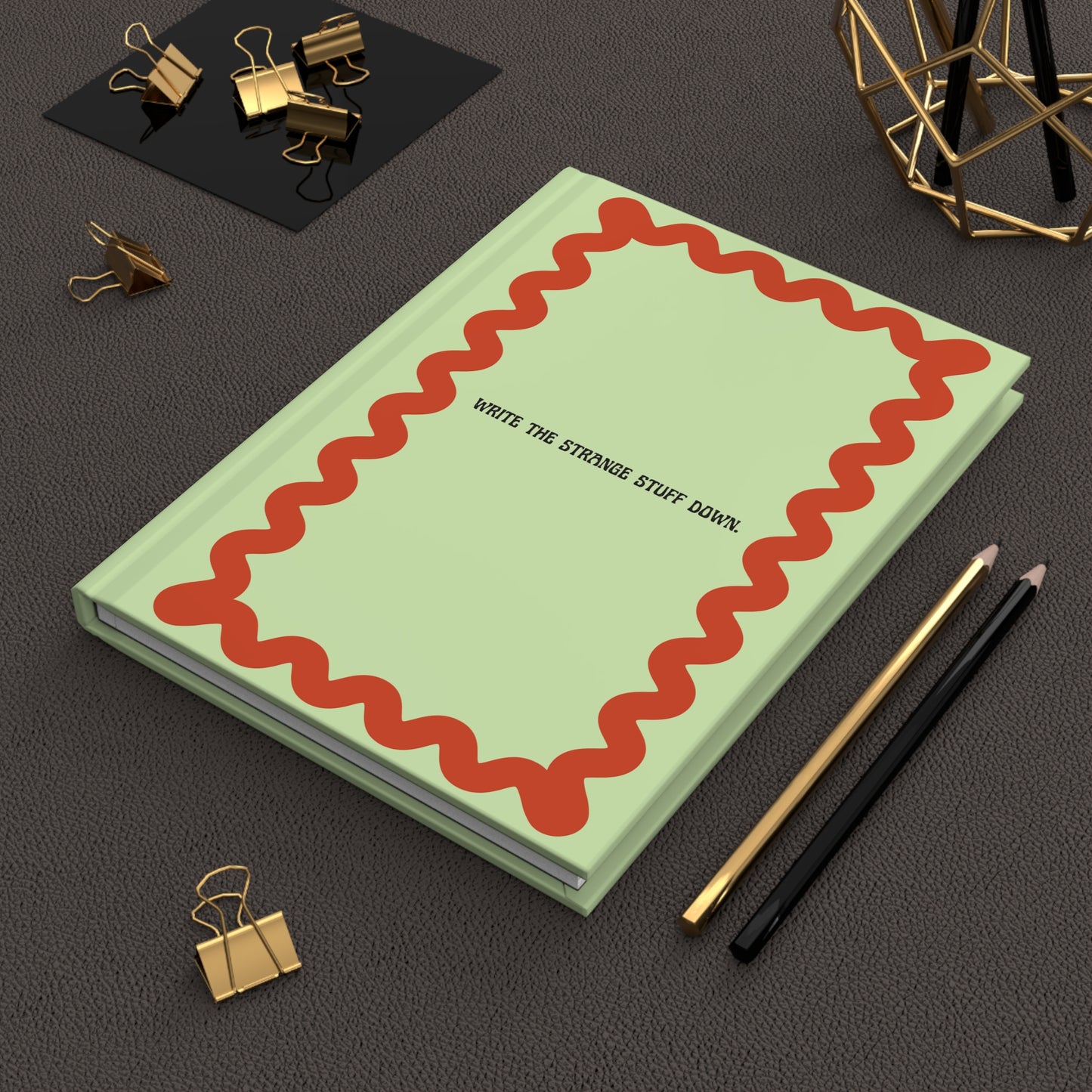 Write the Strange Stuff Down Hardcover Journal — Lime Green Beetle Design